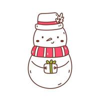 bonhomme de neige mignon avec cadeau isolé sur fond blanc. illustration vectorielle dessinée à la main dans un style doodle. personnage kawaï. parfait pour les cartes, les décorations, les logos et les dessins de Noël. vecteur