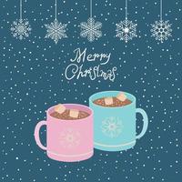 chocolat chaud avec des guimauves. une tasse avec un ornement en forme de flocons de neige et l'inscription joyeux noël. illustration vectorielle. vecteur
