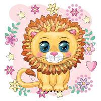 lion de dessin animé aux yeux expressifs. animaux sauvages, caractère, style mignon enfantin. vecteur