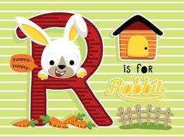 vecteur de dessin animé de petit lapin en grande lettre r, le jardin avec des carottes et une petite maison