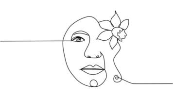 visage de femme avec des fleurs un dessin au trait. art de dessin au trait continu. bouquet de fleurs chez la femme vecteur