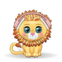 lion de dessin animé mignon avec des écouteurs et des coeurs sur fond bleu vecteur