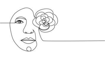 visage de femme avec des fleurs un dessin au trait. art de dessin au trait continu. bouquet de fleurs chez la femme vecteur