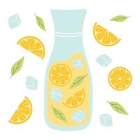 pichet avec de la limonade. limonade fraîche avec des morceaux de citron, de menthe et de glace. illustration vectorielle isolée sur fond blanc. style plat. vecteur