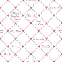 modèle sans couture avec grille diagonale, fines lignes ondulées, petits coeurs, courtes phrases d'amour. modèle vectoriel pour la décoration de mariage, événement de fiançailles, saint valentin