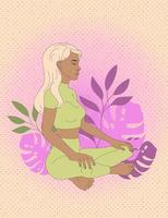 la femme médite, se détend, fait du yoga en position du lotus. illustration vectorielle plane. vecteur