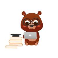 adorable ours tenant un ordinateur portable et codant ou étudiant, concept d'apprentissage en ligne pour les enfants en style dessin animé, mignon petit rat de bibliothèque, illustration pédagogique vecteur