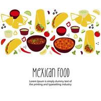 illustration de la cuisine mexicaine tacos, burrito, chili con carne, nachos, guacamole sur fond blanc vecteur