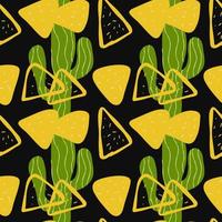 modèle sans couture avec nachos mexicains et illustration de cactus sur fond noir vecteur