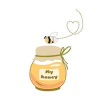 logo de pot de miel. abeille écorchée. joli pot de miel jaune. texte d'abeille mon logo d'autocollant d'icône de miel variétés dessinées à la main élément apicole isolé sur blanc. illustration de dessin animé jaune. vecteur