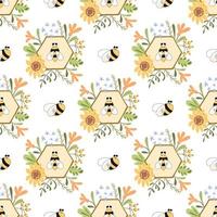 abeille miel modèle sans couture nid d'abeille floral jaune modèle arrière-plan décoratif enfants tissu design textile joli bouquet de fleurs dessinés à la main jaune décoratif papier sans fin. illustration imprimable. vecteur