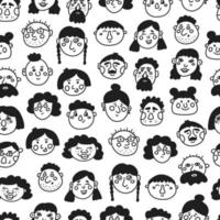 ensemble de visages de personnages dans un style doodle, motif vectoriel sans couture sur fond blanc
