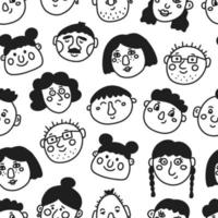 ensemble de visages de personnages dans un style doodle, motif vectoriel sans couture sur fond blanc