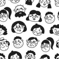 ensemble de visages de personnages dans un style doodle, motif vectoriel sans couture sur fond blanc.