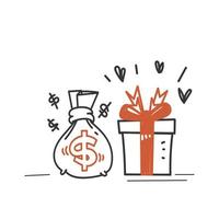 boîte cadeau doodle dessiné à la main et vecteur d'illustration de sac d'argent isolé