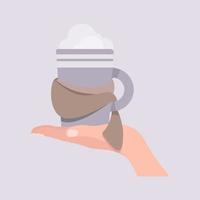une tasse de café violette se tient sur la main d'une femme vecteur