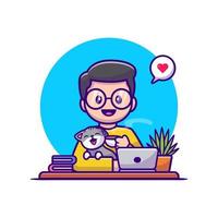 homme boit du café avec illustration d'icône de vecteur de dessin animé chat et ordinateur portable. concept d'icône de personnes animales isolé vecteur premium. style de dessin animé plat