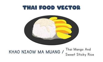 thai khao niaow ma muang - mangue thaïlandaise et riz gluant sucré et lait de coco dessin vectoriel plat clipart. nourriture asiatique. la cuisine Thai. cuisine locale thaïlandaise