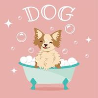 illustration de dessin animé de vecteur d'un chien mignon prenant un bain plein de mousse de savon. le concept de soins, soins aux animaux de compagnie.