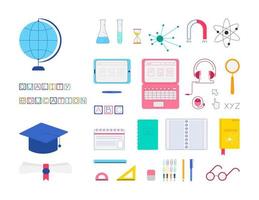 grande collection d'équipements éducatifs et de fournitures de bureau pour étudier en ligne ou hors ligne, éléments de conception vectoriels colorés sur fond blanc vecteur