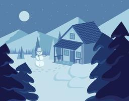 dessin animé de vecteur de maisons de banlieue de noël et d'enfants faisant un bonhomme de neige