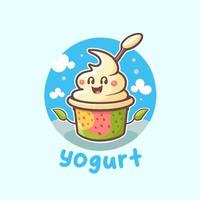 yaourt aux fruits sur tasse logo mascotte mignonne crème glacée gelato dessin animé art design vecteur