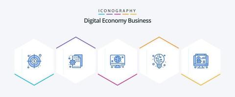 pack d'icônes bleues de 25 affaires de l'économie numérique, y compris le graphique. en ligne. numérique. dollar. lumière vecteur