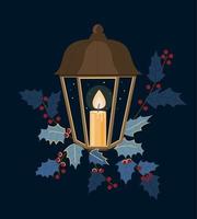 carte de bougies de Noël. concept de chandelier flamboyant, attributs du christianisme, décoration de noël. jarretelle sacrée la nuit sur fond de baies de noël. vecteur