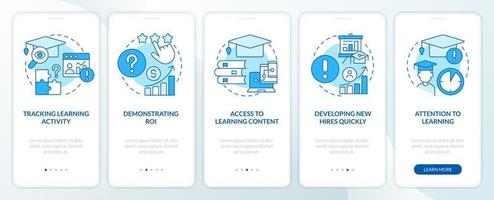problèmes avec l'écran de l'application mobile d'intégration bleu de formation en entreprise. instructions graphiques modifiables en 5 étapes avec des concepts linéaires. ui, ux, modèle gui vecteur