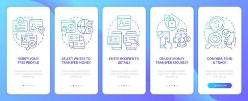 écran d'application mobile d'intégration de dégradé bleu de transfert d'argent instantané. net wallet pas à pas instructions graphiques en 5 étapes avec des concepts linéaires. ui, ux, modèle d'interface graphique. une myriade de polices pro-gras régulières utilisées vecteur