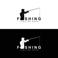 vecteur d'icône de logo de pêche, attraper du poisson sur le bateau, conception de silhouette de coucher de soleil en plein air