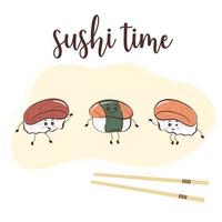 bannière de temps de sushi personnages drôles nourriture asiatique vecteur