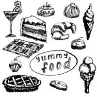 desserts alimentaires mis croquis dessinés à la main sur tableau noir