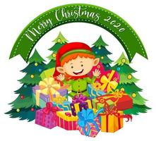Joyeux Noël 2020 bannière de polices avec elfe mignon et de nombreux cadeaux sur fond blanc vecteur