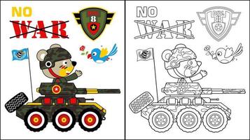 dessin vectoriel d'ours mignon en costume de soldat sur un véhicule militaire, un oiseau portant une fleur. livre ou page de coloriage
