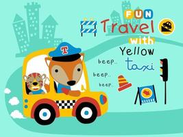 dessin animé vectoriel de taxi jaune drôle de renard et de tigre, illustration d'élément de trafic