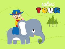 illustration vectorielle d'un garçon de dessin animé portant une casquette de cow-boy à cheval sur un éléphant, élément de tour safari vecteur