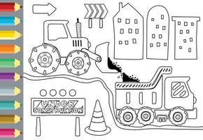 dessin animé du processus de construction avec des véhicules de construction, des éléments de construction, un livre de coloriage ou une page vecteur