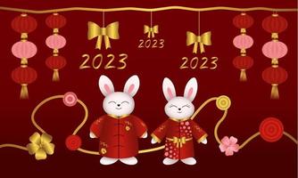 nouvel An chinois. lapins, lapins, lièvre en kimono rouge, lanternes, arc, 2023, illustration vectorielle monet. vecteur