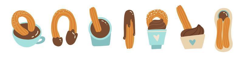 ensemble de churros avec sauce au chocolat. dessert traditionnel espagnol, portugais ou mexicain avec garniture au chocolat. une collation sucrée sur un plat, une trempette au chocolat dans un bol et une tasse. illustration vectorielle de nourriture. vecteur