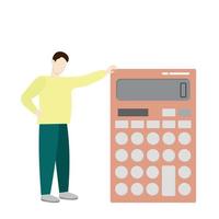 petit gars près d'une énorme calculatrice, vecteur plat, isoler sur blanc, illustration sans visage