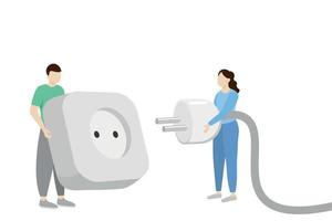 un gars avec une énorme prise et une fille avec une grosse prise dans ses mains, vecteur plat, isolé sur blanc, compatibilité, illustration sans visage, économie d'énergie