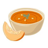 soupe à la crème de citrouille dans un bol et une partie de citrouille, nourriture traditionnelle de thanksgiving vecteur