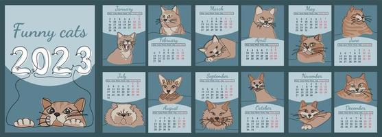 calendrier vertical vectoriel 2023 avec des chats drôles dans le style d'art en ligne. la semaine commence le lundi