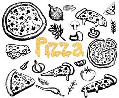 ensemble de lignes noires de doodle de pizza. pizzas italiennes dessinées à la main avec champignons, poivrons, tomates, olives, fromage vecteur