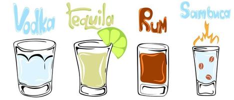 ensemble de verres à liqueur alcoolisés. verres dessinés à la main de vodka, tequila, rhum et sambuca vecteur