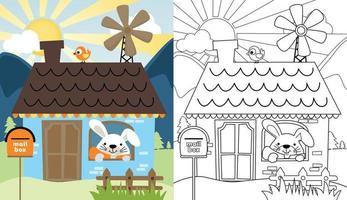 dessin vectoriel de lapin mignon dans une maison sur fond de lever de soleil, livre de coloriage ou page