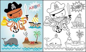 illustration vectorielle de dessin animé d'éléments pirates avec pieuvre drôle, livre de coloriage ou page vecteur