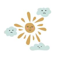 soleil et nuages dessinés à la main pour les bébés vecteur