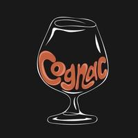 verre de cognac dessiné à la main et texte de lettrage vecteur